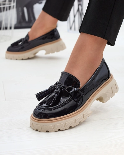 Mocassins laqués noirs à glands pour femme Kaipo- Footwear