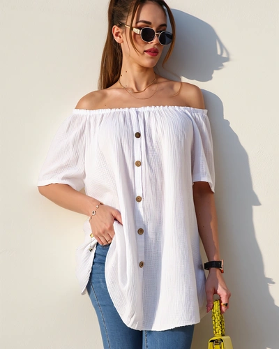 Blouse en coton pour femmes style espagnol avec boutons décoratifs