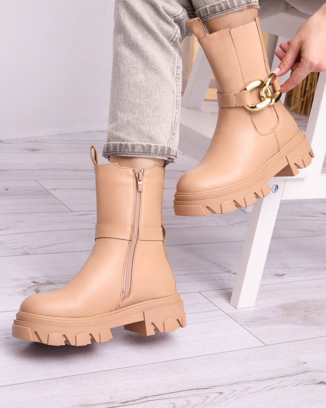 Bottes hautes pour femmes avec une chaîne dorée de couleur camel Setika - Footwear