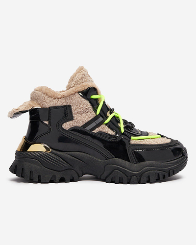 Chaussures de sport noires pour femmes avec fourrure et lacets jaune fluo Adbo- Footwear