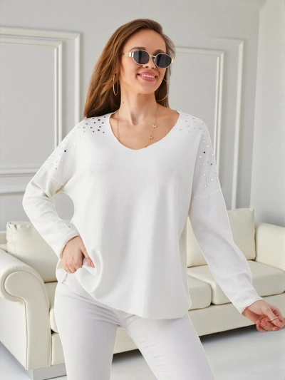 Pull en viscose fin pour femme Royalfashion avec des strass sur les épaules