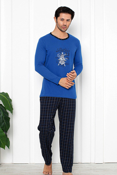 Royalfashion Pyjama bleu pour homme avec pantalon à carreaux