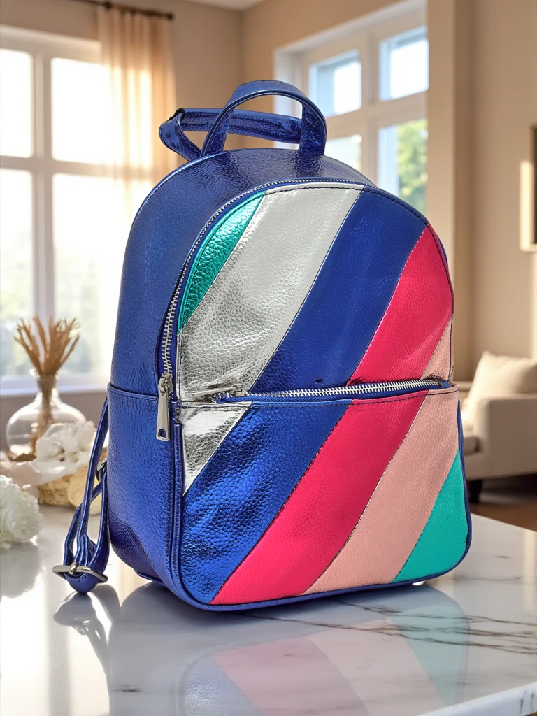 Sac à dos pour femme Royalfashion en cuir écologique avec rayures métalliques Rayures Métalliques