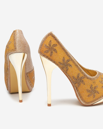 Talons hauts pour femmes en brocart doré et zircons cubiques Yilla - Footwear
