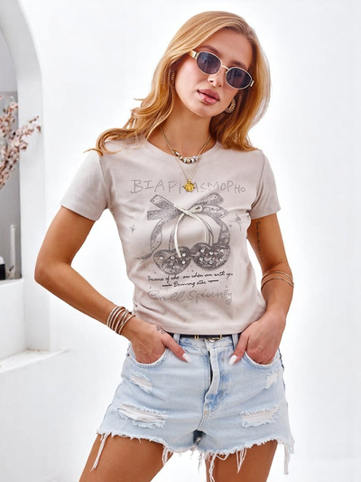 Royalfashion T-shirt en coton pour femme avec strass et nœud