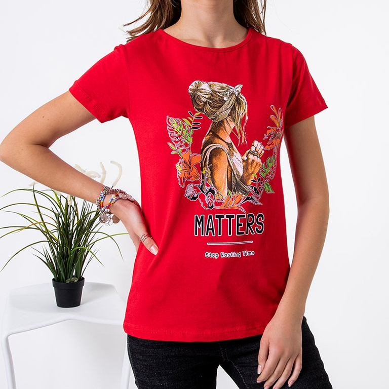 T-shirt femme en coton rouge à imprimé - Vêtements