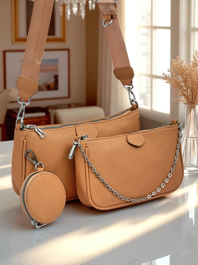 Torebka damska Aurora Multi z ekoskóry jasny brąz łańcuszek zip