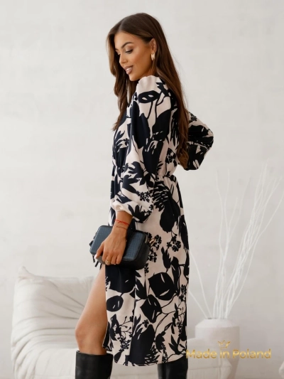 Robe Apollonia Midi Beige à Manches Longues et Motif Floral