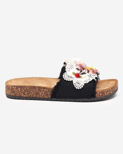Pantoufles pour femmes avec fleurs en tissu en noir Ososi- Footwear