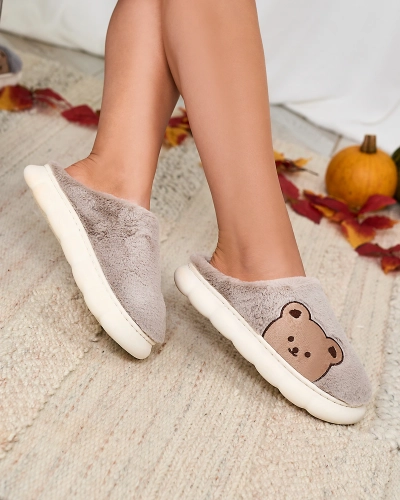 Royalfashion Pantoufles en fourrure pour femme avec ours en peluche en gris Fetemes