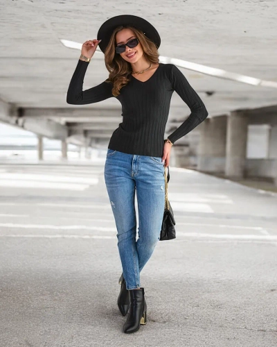 Pull côtelé noir pour femme - Vêtements