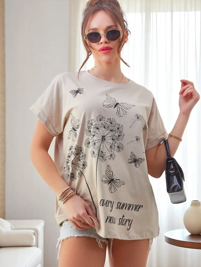 T-shirt en coton pour femmes Royalfashion avec des pissenlits et un papillon