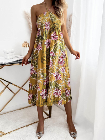 Robe midi jaune pour femme avec motif floral - Vêtements