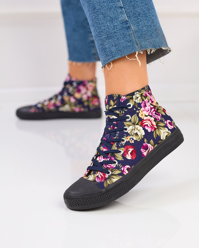 Royalfashion Baskets montantes bleu marine pour femme avec fleurs colorées Soxic