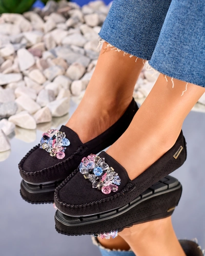 Royalfashion Mocassins noirs ajourés pour femme avec cristaux décoratifs Cizzas