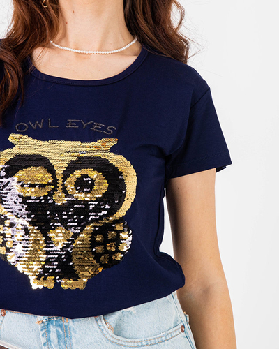 T-Shirt Femme Bleu Marine Paillettes - Vêtements