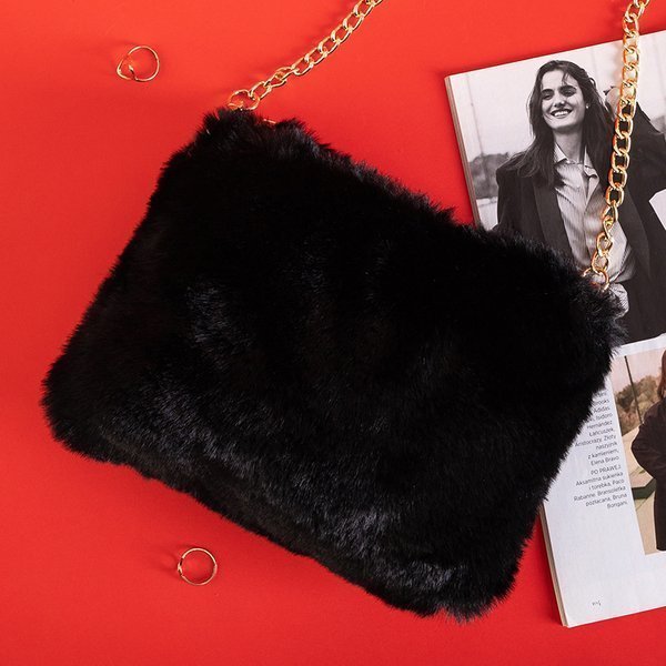 Sac à main en fourrure noire sur chaîne dorée - Sacs à main