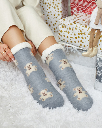 Royalfashion Chaussettes grises chauffées pour femmes avec oursons