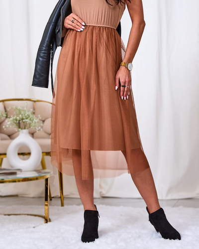 Royalfashion Robe midi pour femme en tulle marron clair