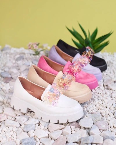 Royalfashion Mocassins pour femmes blancs avec cristaux colorés Crystal Glam
