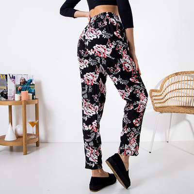 Pantalon femme noir à motif floral - Vêtements