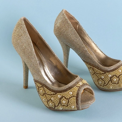 OUTLET Talons hauts brillants pour femmes en or avec zircons cubiques et perles Mira - Footwear