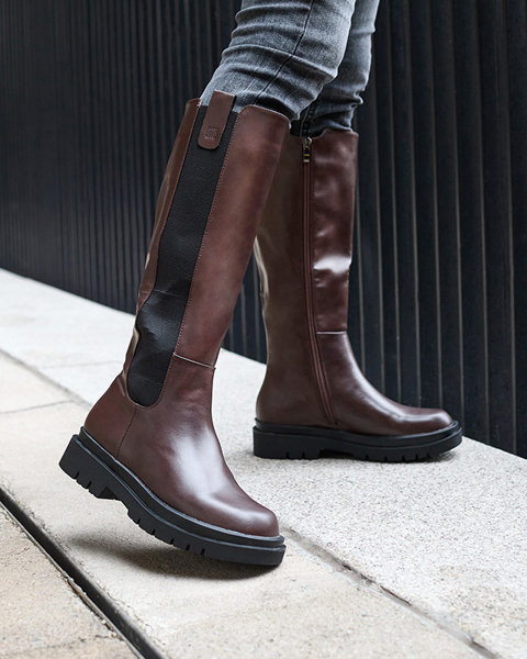 Bottes hautes pour femmes en cuir écologique de couleur marron Orikas - Footwear