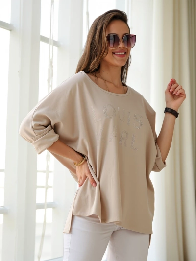 Blouse en viscose Royalfashion pour femmes avec inscription en strass