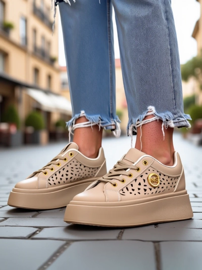 Cleo Ecru Platino – sneakers beiges à plateforme Royalfashion en cuir écologique