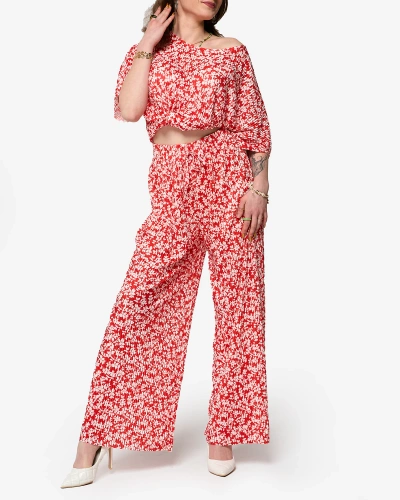 Ensemble plissé rouge à fleurs noires pour femme - Vêtements