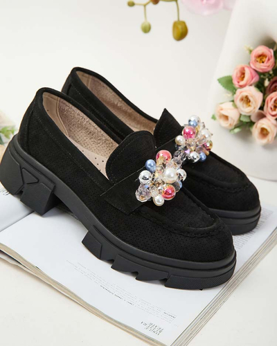 Royalfashion Mocassins noirs pour femme avec cristaux colorés Glam