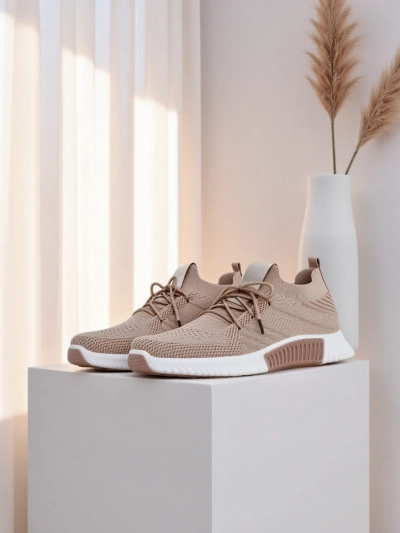 Baskets pour femmes Aristea marron clair talon plat tissu 3 cm