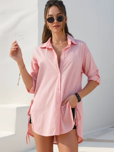 Chemise longue en coton Royalfashion pour femmes avec des rayures et une ceinture