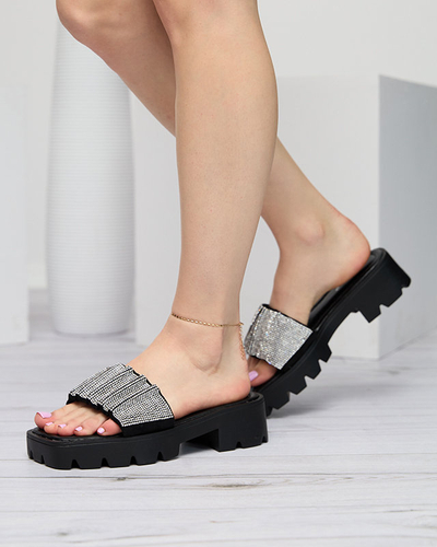 OUTLET Pantoufles noires pour femmes avec zircons cubiques Emkoy- Footwear