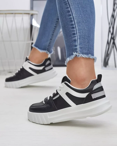 Chaussures de sport décontractées en cuir écologique pour femmes, noires, avec empiècements blancs Netiris - Chaussures