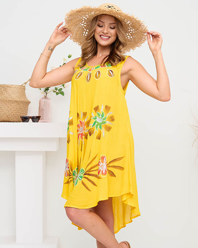Robe de plage jaune femme avec cape fleurie - Vêtements