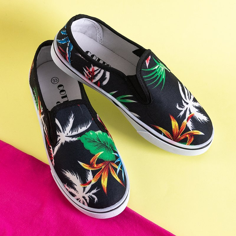 Slip-on noir pour enfants avec imprimé végétal Ailbe - Footwear