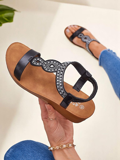 Sandales compensées Perseida Royalfashion noires en éco-cuir avec cristaux 4,5cm