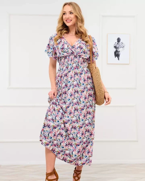 Robe longue à fleurs bleues et roses pour femme - Vêtements