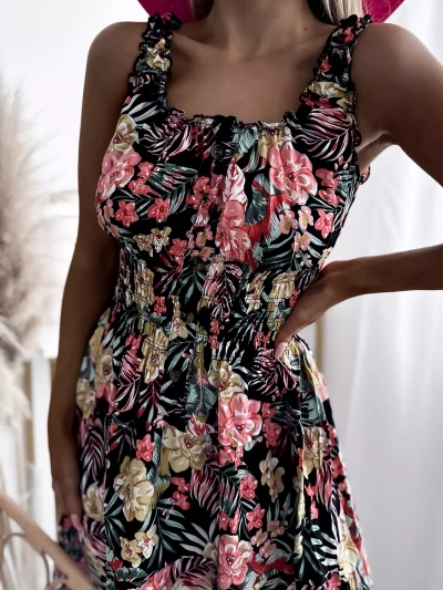 Robe d'été au genou pour femme, noire, à motif floral - Vêtements