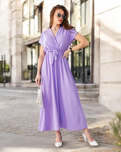 Robe midi Royalfashion pour femmes avec un décolleté enroulé, des manches courtes et une ceinture