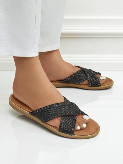Sandales plates pour femmes Calista Nero, tresse noire, cuir écologique