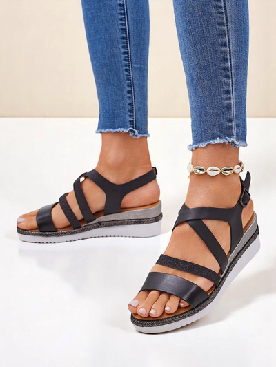 Aurelia Nero – Sandales compensées noires pour femmes Royalfashion en cuir écologique