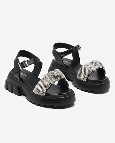 Sandales noires pour femmes avec zircons cubiques Pokio- Footwear