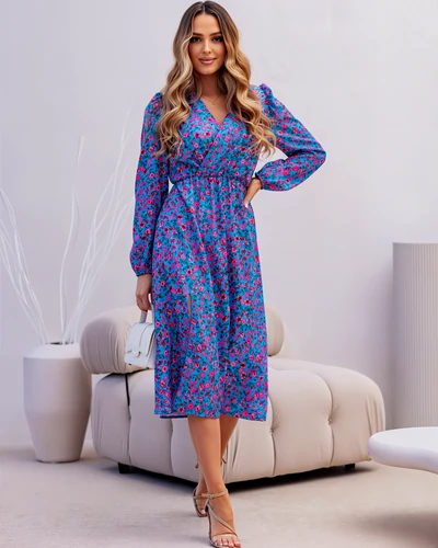 Robe midi pour femmes Royalfashion avec de petites fleurs, décolleté croisé et fente