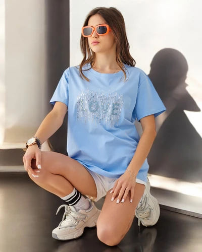 T-shirt en coton Royalfashion pour femmes LOVE avec strass