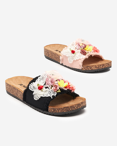Pantoufles pour femmes avec fleurs en tissu en noir Ososi- Footwear