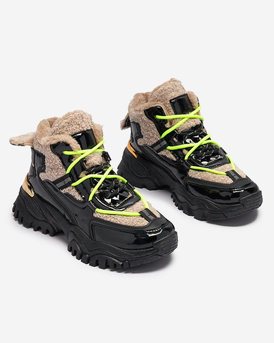Chaussures de sport noires pour femmes avec fourrure et lacets jaune fluo Adbo- Footwear