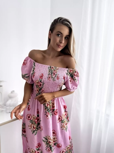 Robe midi rose à motif floral pour femme - Vêtements