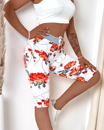Short femme 3/4 fleuri en blanc et rouge GRANDE TAILLE - Vêtements
